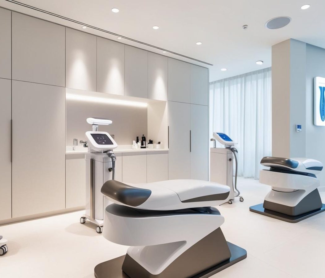 Create a professional image of a beauty clinic with modern equipment for me
